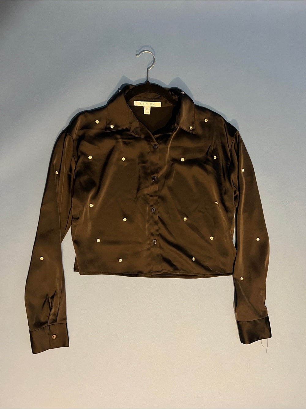 Nashville Wear Blue Sol Black Satin Diamond-Studded Button-Up Crop Shirt